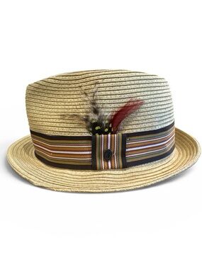 Jaxon Tokyo Straw Hat with Multicolor Stripe Band and Feather